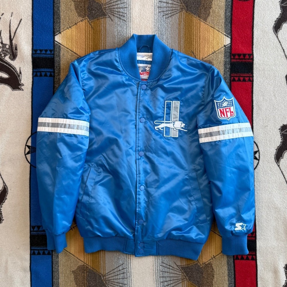 Starter Detroit Lions Homage Exclusive Satin Bomber Jacket Blue Mens Large NFL